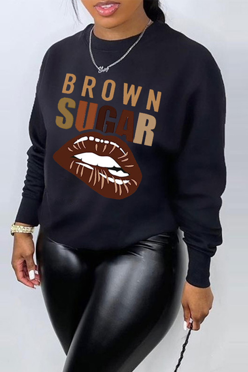 

Black Casual Street Lips Printed Patchwork Letter O Neck Tops