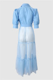 ブルー カジュアル ソリッド パッチワーク ターンダウン カラー ロング ドレス