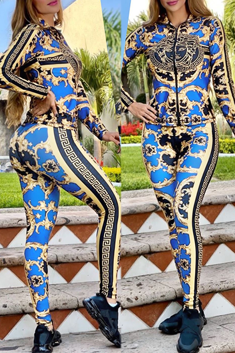 

Blue Casual Print Patchwork Zipper Collar Long Sleeve Two Pieces