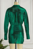 Vestidos de falda de lápiz con cuello vuelto asimétrico de patchwork sólido sexy verde
