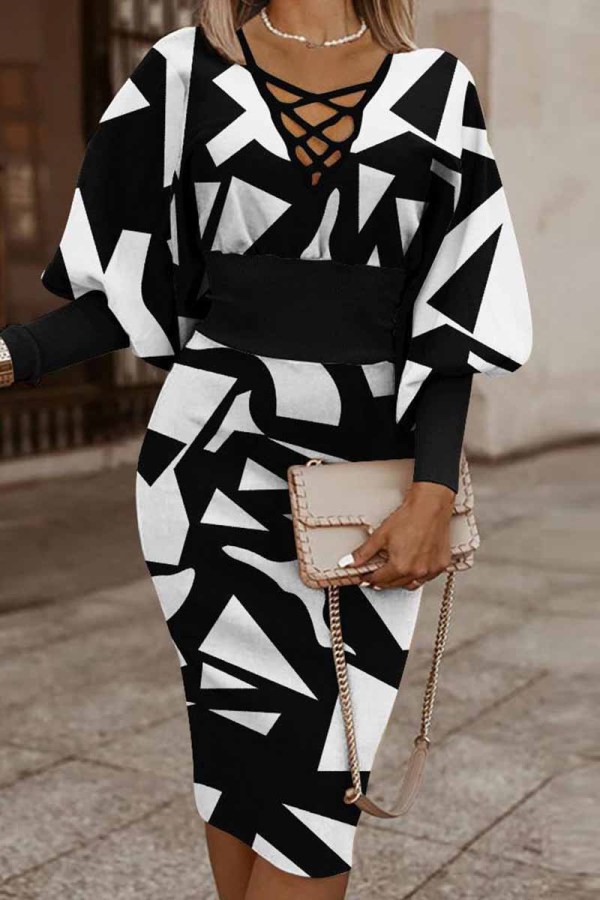 Schwarz-weiße, lässige Patchwork-Kleider mit V-Ausschnitt und langen Ärmeln