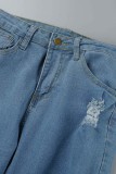Deep Blue Casual Solid Patchwork High Waist Regular Ripped Denim Jeans