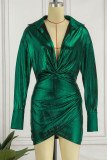 Vestidos de falda de lápiz con cuello vuelto asimétrico de patchwork sólido sexy verde