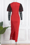 赤のエレガントな固体パッチワーク スクエア カラーのイブニング ドレス ドレス
