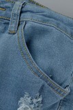 Light Blue Casual Solid Patchwork High Waist Regular Ripped Denim Jeans