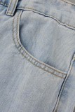 Lichtblauwe casual effen gescheurde patchwork jeans in grote maten