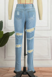 Deep Blue Casual Solid Ripped Patchwork High Waist Regular Denim Jeans
