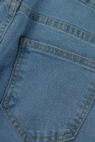 Tiefblaue, lässige, feste, zerrissene Patchwork-Jeans mit hoher Taille und regulärer Denim