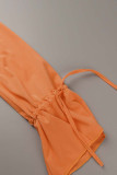 Orange Casual Solid Make Old Draw String Fold V Neck One Step Jupe Robes