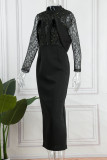 Svarta Elegant Solid Patchwork O Neck Aftonklänning Klänningar