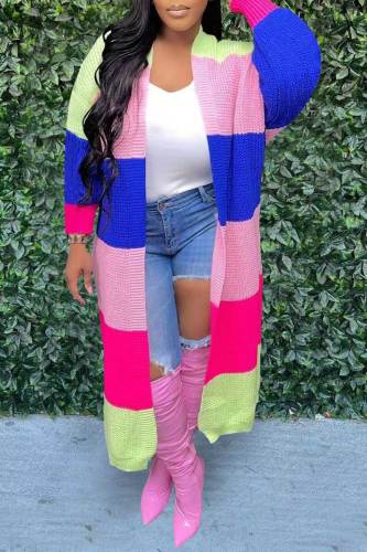 Blue Pink Casual Patchwork Cardigan Collar Outerwear