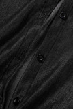 Черные повседневные однотонные платья в стиле пэчворк с отложным воротником и пряжкой