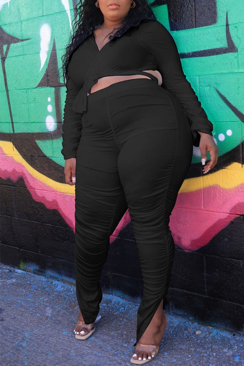 

Black Casual Solid Bandage Slit Fold V Neck Plus Size Two Pieces