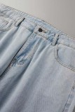 Light Blue Casual Solid Ripped Patchwork Plus Size Jeans