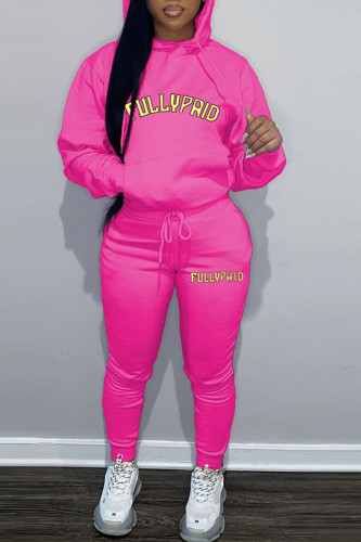 Rose Red Casual Letter Print O Neck Long Sleeve Hooded Collar Sweatshirt And Skinny Pants Sportwear Two Pieces Jogger Sets