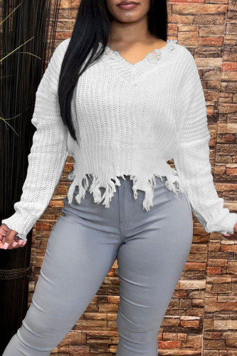White Casual Solid Tassel Patchwork V Neck Tops