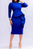 Королевские синие повседневные элегантные однотонные платья в стиле пэчворк с воланами и круглым вырезом, одноступенчатые юбки