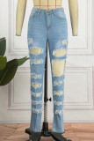 Ljusblå Casual Solid Ripped Patchwork Vanliga jeans med hög midja