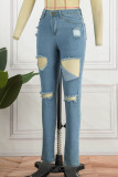 Light Blue Casual Solid Ripped Patchwork High Waist Regular Denim Jeans