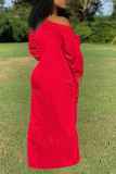 赤 カジュアル ソリッド バンデージ パッチワーク Oネック ストレート ドレス