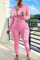 Pink Casual Letter Print Patchwork Zipper Hooded Collar Long Sleeve Two Pieces