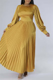 Orange Casual Solid Patchwork O Neck Long Sleeves Pleated Dresses (Without Belt)