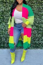 Green Yellow Casual Patchwork Cardigan Collar Outerwear