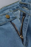Jeans de mezclilla regular de cintura alta de patchwork rasgado sólido informal azul profundo