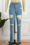 Jeans jeans azul escuro casual sólido rasgado patchwork cintura alta regular
