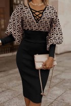 Black khaki Casual Print Patchwork V Neck Long Sleeve Dresses