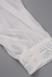 Белые повседневные лоскутные платья больших размеров с круглым вырезом и длинными рукавами