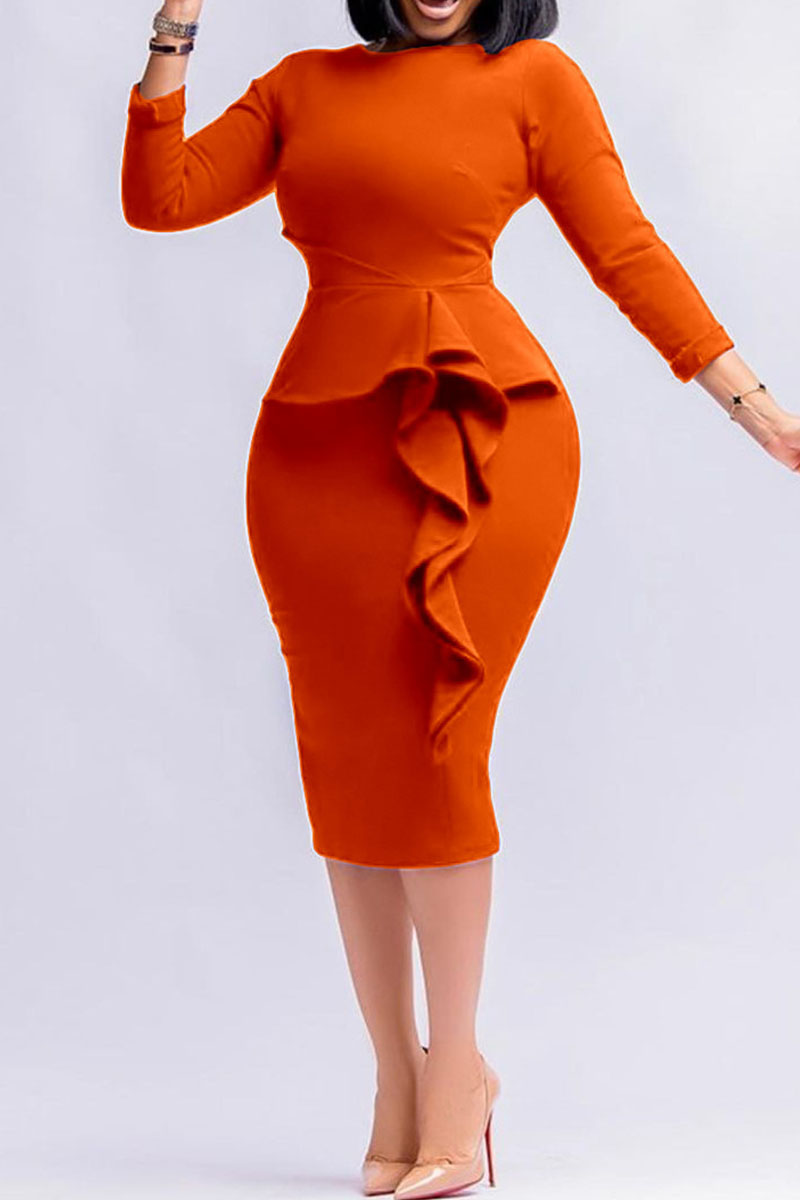 

Tangerine Casual Elegant Solid Patchwork Flounce O Neck One Step Skirt Dresses