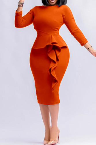 Tangerine Casual Elegant Solid Patchwork Flounce O Neck One Step Skirt Dresses