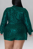 Green Street Solid Sequins Patchwork Turn-back Collar Plus Size Jumpsuits