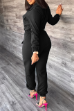 Noir Street Solid Draw String Turndown Collar Long Sleeve Two Pieces