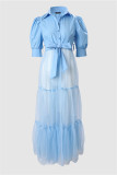 Blaues, lässiges, solides Patchwork-Umlegekragen-langes Kleid