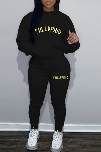Black Casual Letter Print O Neck Long Sleeve Hooded Collar Sweatshirt And Skinny Pants Sportwear Two Pieces Jogger Sets