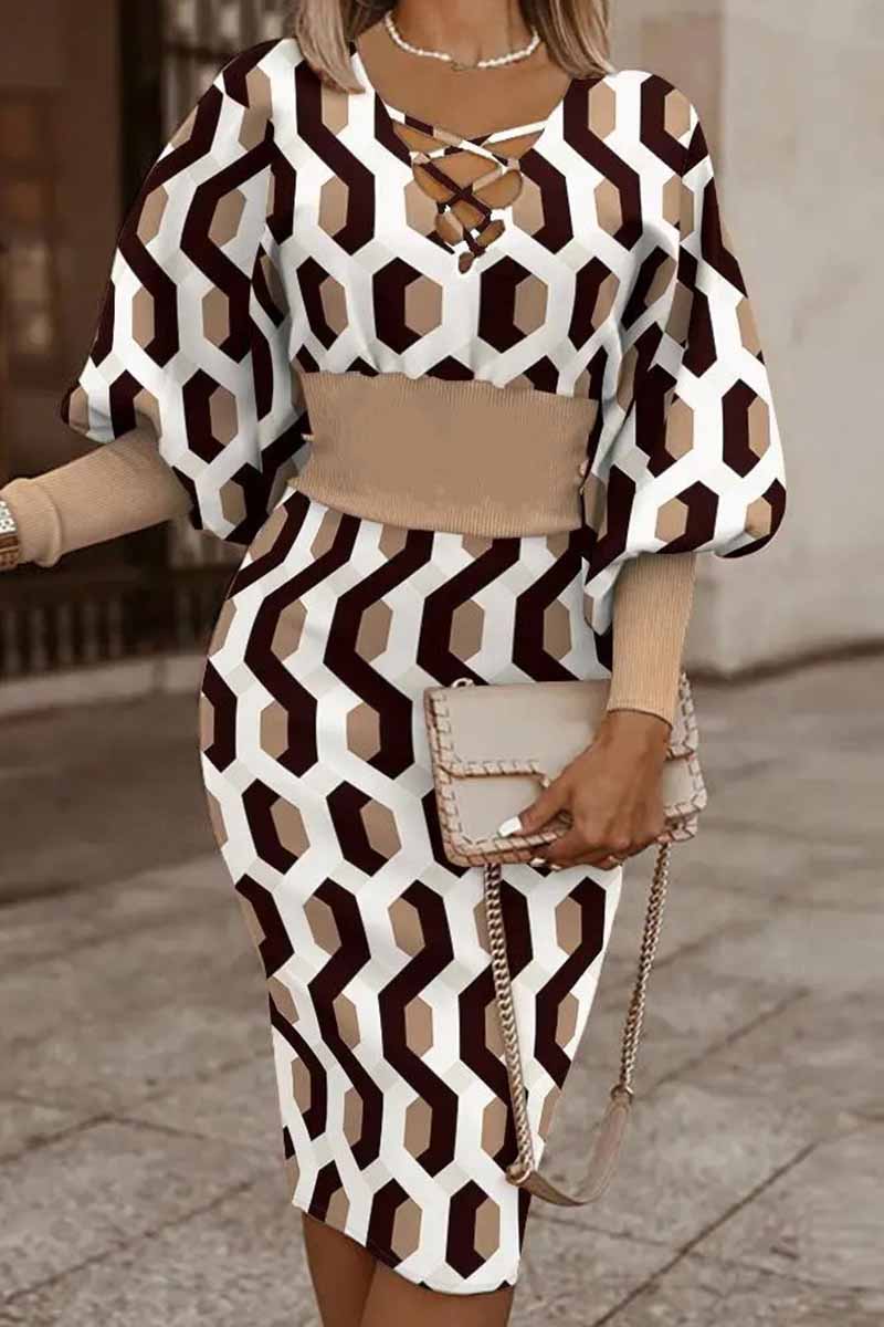 

White Khaki Casual Print Patchwork V Neck Long Sleeve Dresses