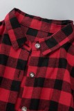 Camisa xadrez casual vermelha estampada com cinto gola redonda