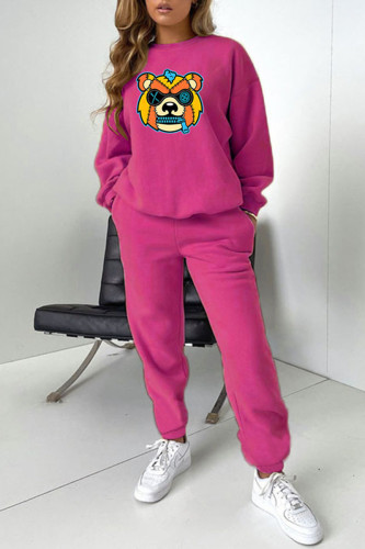 Rose Red Casual Print Patchwork O Neck Long Sleeve Two Pieces