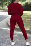 Burgundy Casual Solid Hollowed Out Patchwork Draw String O Neck Long Sleeve Two Pieces
