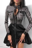 ピュア ブラック カジュアル パッチワーク ベーシック マンダリン カラー ロング スリーブ ドレス