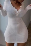 Weiße, sexy, lässige, feste Patchwork-Kleider mit V-Ausschnitt und langen Ärmeln