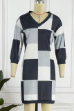 Vestidos de manga comprida preto casual estampa xadrez patchwork decote em v