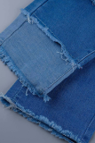 Jean skinny bleu décontracté en patchwork uni à taille moyenne