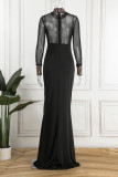Zwarte sexy print patchwork doorschijnende split coltrui lange mouwen jurken