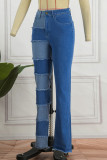 Jeans skinny in denim a vita media con patchwork solido blu casual