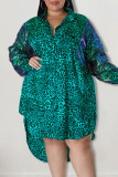 Зеленое повседневное платье-рубашка с леопардовым принтом в стиле пэчворк Асимметричное платье-рубашка с отложным воротником Платья больших размеров