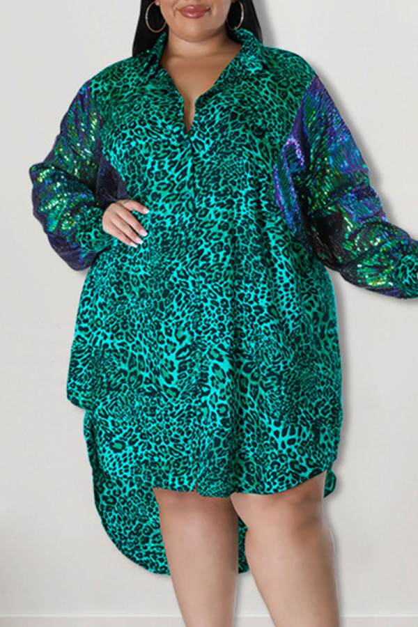 Vestido verde casual estampa leopardo patchwork fivela assimétrica gola virada para baixo vestidos plus size