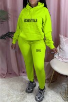 Fluorescent Green Street Print Letter Hooded Collar Long Sleeve Two Pieces